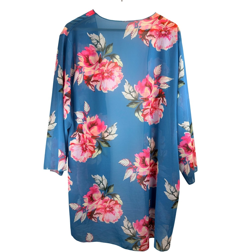 Womens Floral Kimono Blue Pink Lightweight Sheer Open Front Cardigan XXXL Beachy - Picture 2 of 8